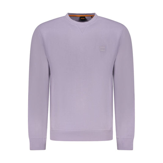 Hugo Boss Purple Cotton Men Sweater with crew neck, featuring logo embroidery and long sleeves, made for style and comfort.