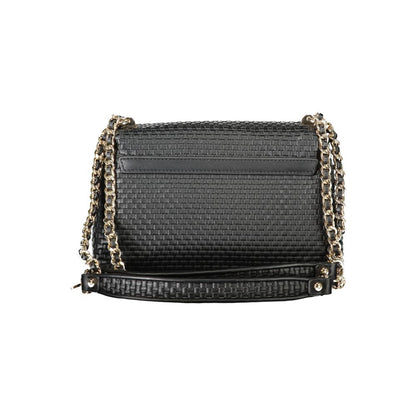 Guess Jeans Black Polyethylene Women Handbag with dual-chain shoulder straps and woven texture back view.