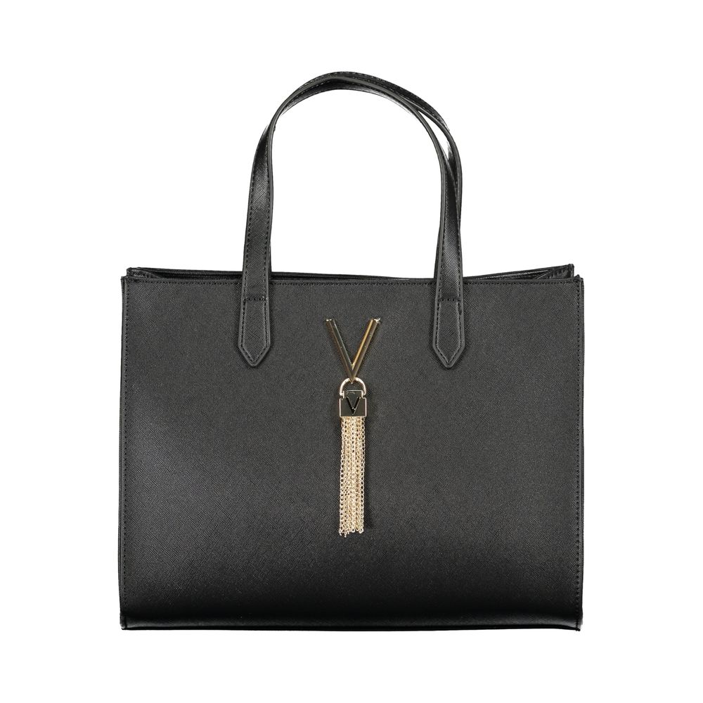 Mario Valentino Black Polyethylene Handbag with two handles, adjustable removable strap, zipper closure, and logo detail.