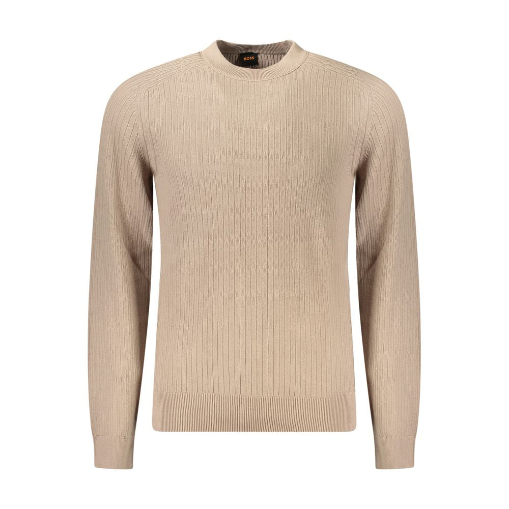 Hugo Boss Beige Cotton Men Sweater with crew neck, long sleeves, and subtle logo detail, crafted for comfort and refined style.