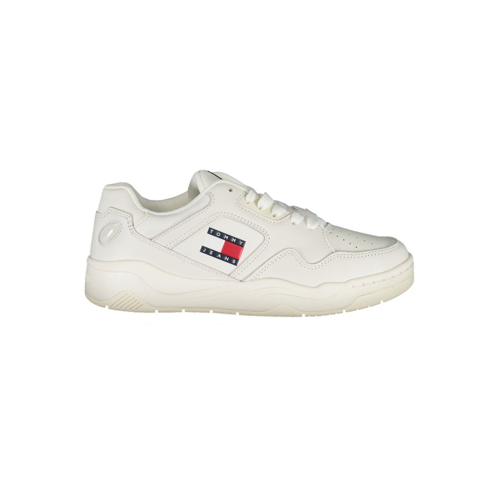 Tommy Hilfiger White Polyester Sneaker with contrast details, laces, logo and print, sports footwear.