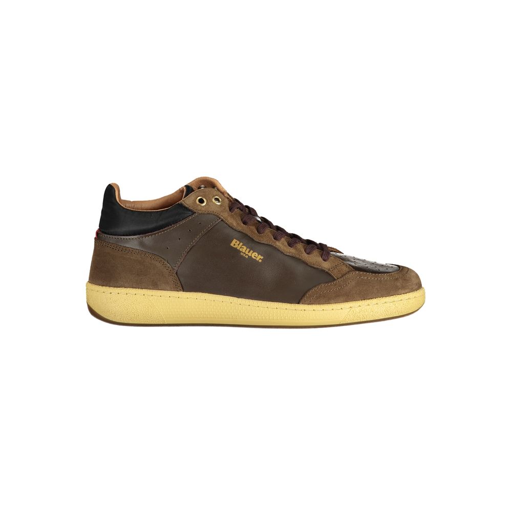 Blauer Brown Leather Men Sneaker with contrasting details and removable insole, side view.
