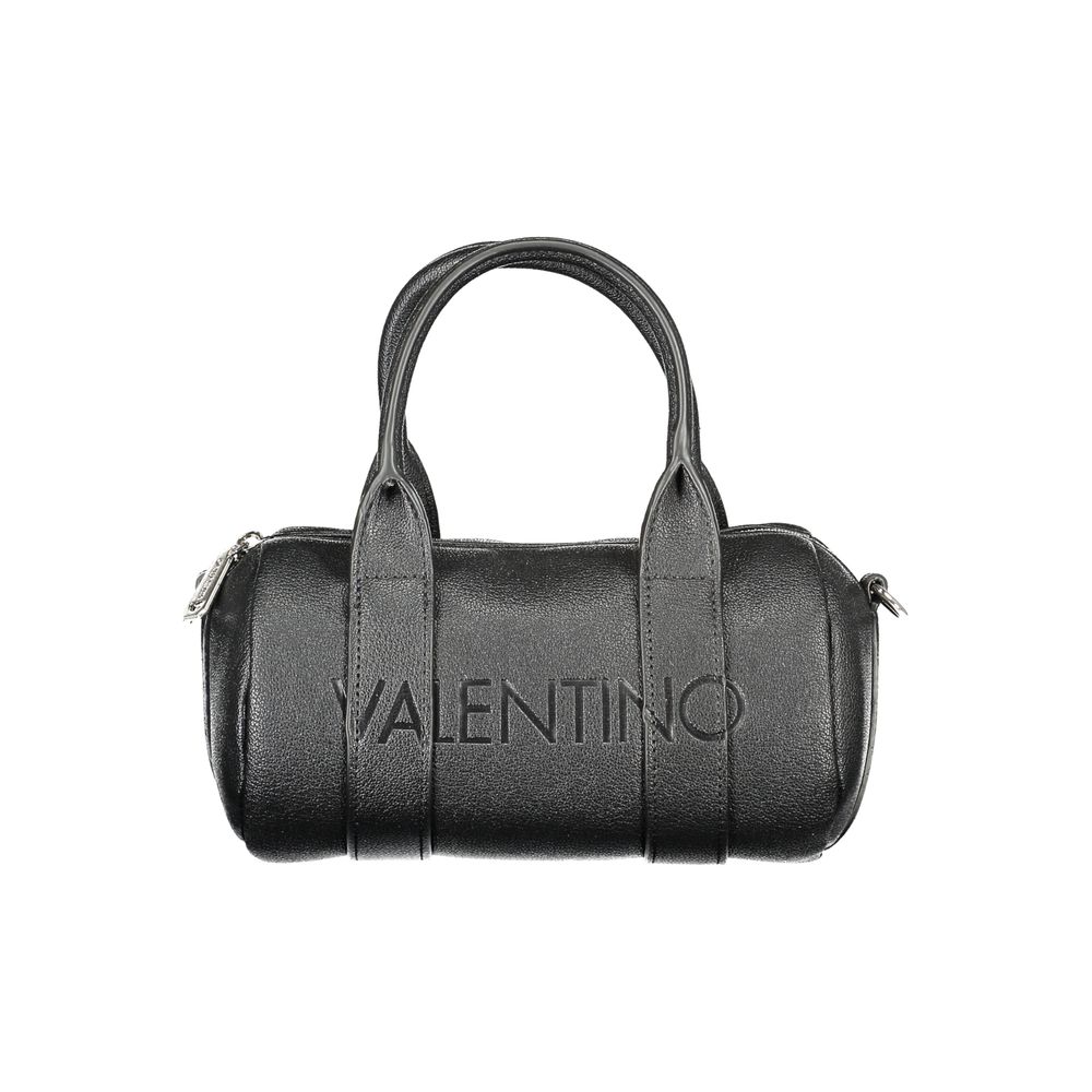 Alt Tag: Mario Valentino Black Polyethylene Handbag with logo, zip closure, adjustable straps, and two internal pockets.