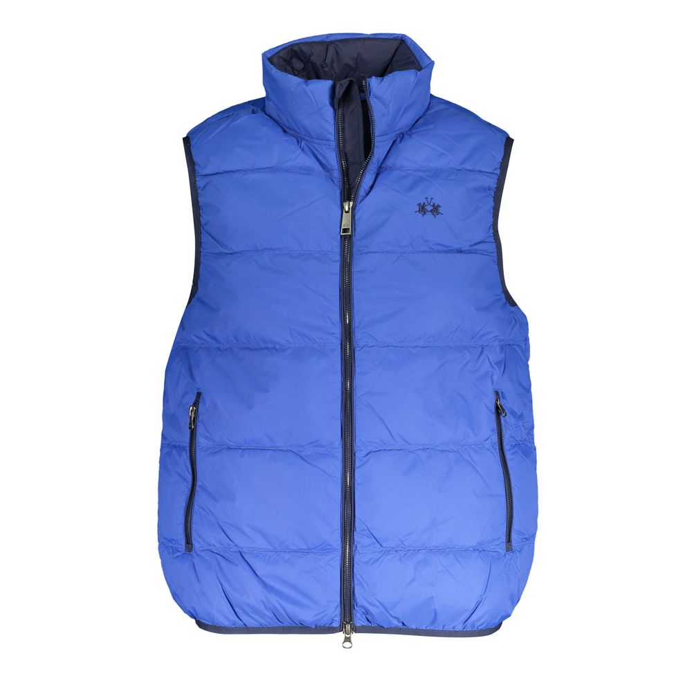 La Martina Blue Polyamide Men Jacket with logo, sleeveless, contrasting details, and multiple pockets for stylish functionality.