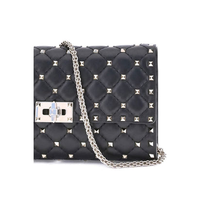 Valentino Garavani Black Lamb Ovis Aries Aries Shoulder Bag with quilted design and studs, featuring a removable chain.