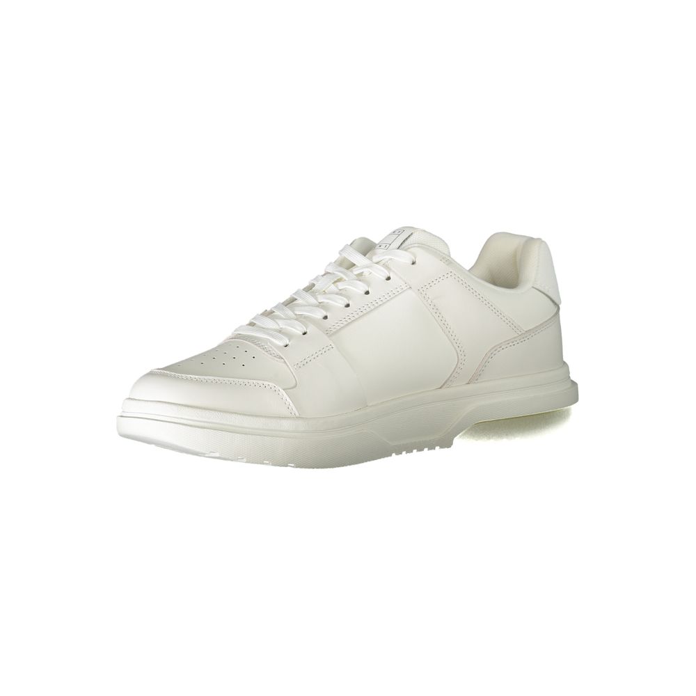 Tommy Hilfiger White Leather Men Sneaker with sporty chic design and Tommy logo, versatile white color accented with bold details.