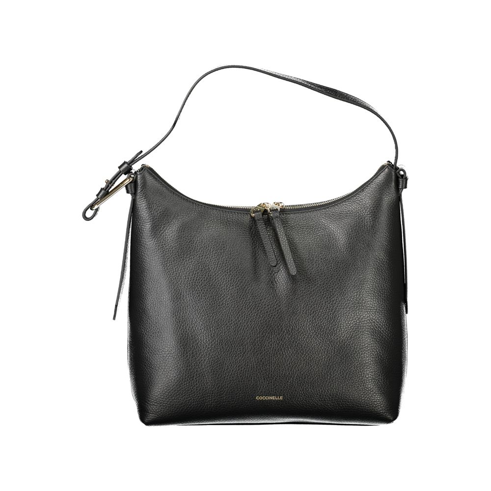 Coccinelle Black Leather Women Handbag with adjustable shoulder strap and secure zip closure, showcasing Italian craftsmanship.