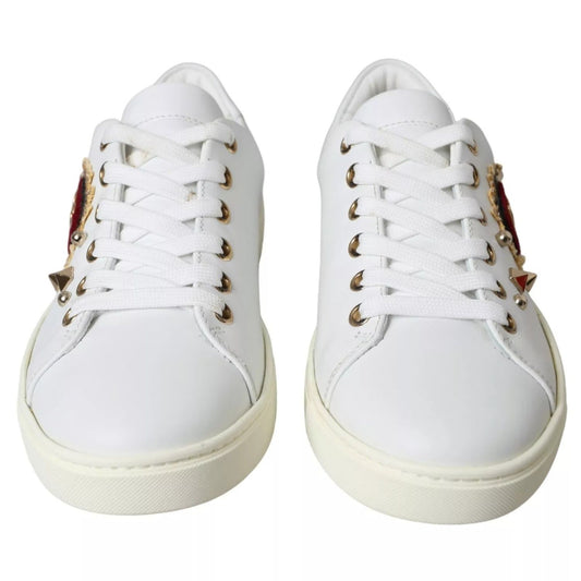 Dolce & Gabbana White Leather Gold Red Heart Sneakers Shoes LA8916-36.5
