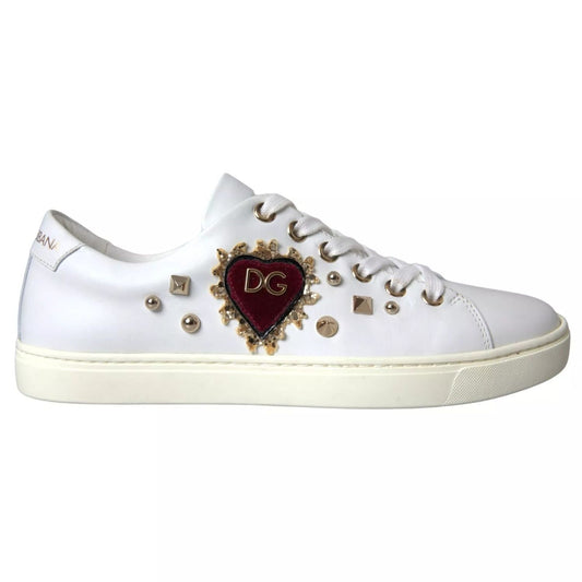 Dolce & Gabbana White Leather Gold Red Heart Sneakers Shoes LA8916-36.5