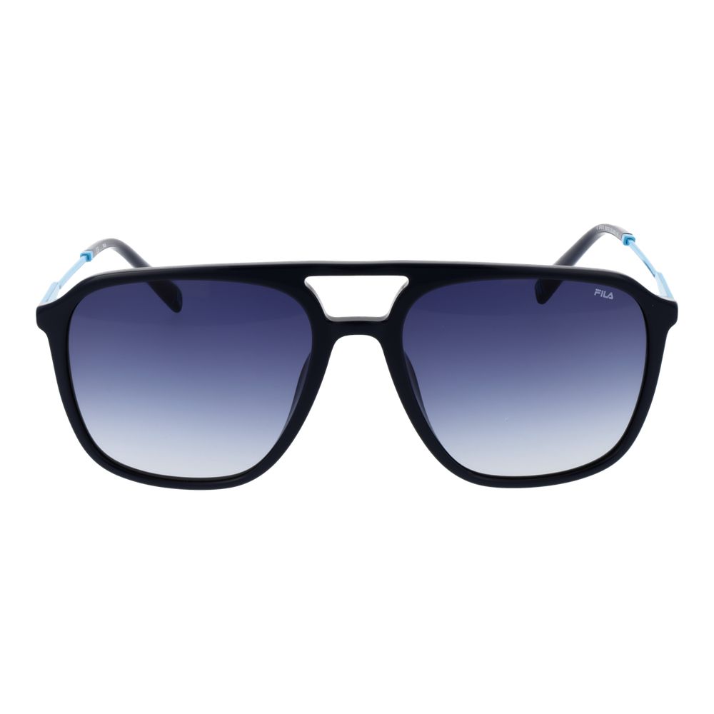 Fila Black Men Sunglass with full-rim black cellulose acetate frame and blue gradient plastic lenses in aviator style.