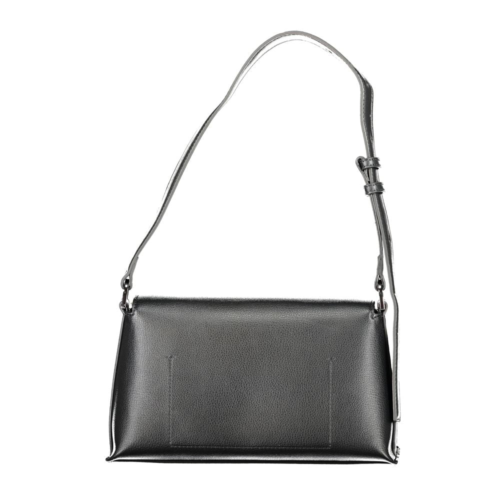 Calvin Klein Black Polyester Handbag with adjustable shoulder handle, internal pocket, and snap closure.