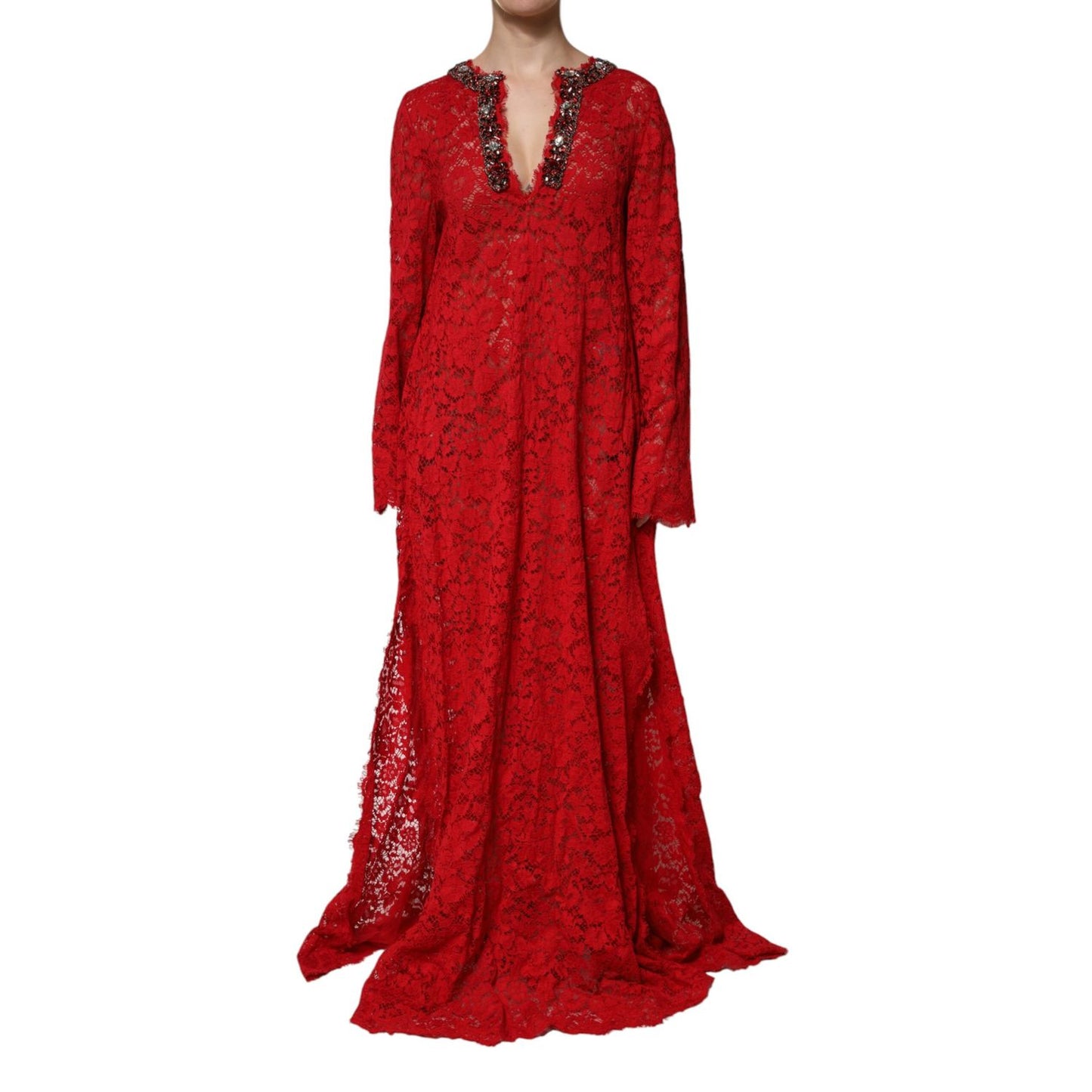 Dolce & Gabbana Red Floral Lace Rhinestone Embellished Dress