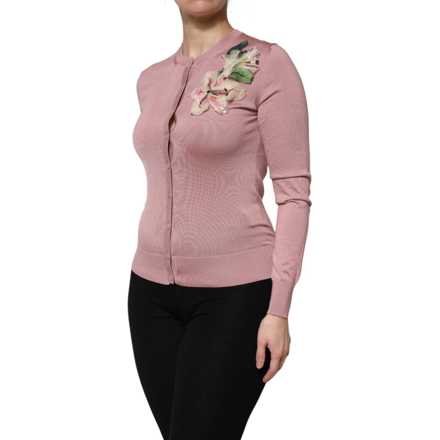 Dolce & Gabbana Pink Silk Knit Button Down Cardigan Sweater