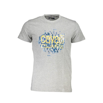 Cavalli Class Brown Cotton Men T-Shirt featuring logo on a gray background, short sleeves, crew neck, casual sophistication.