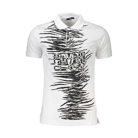 Cavalli Class White Cotton Men Polo Shirt with striking print and iconic logo, showcasing sophistication and modern style.