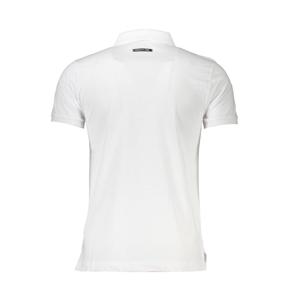 Back view of Cavalli Class White Cotton Men Polo Shirt, showcasing exquisite craftsmanship and iconic logo emblem on a crisp white design.