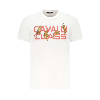 Cavalli Class White Cotton Men T-Shirt with iconic logo and leopard print design, ideal for fashion-forward trendsetters.