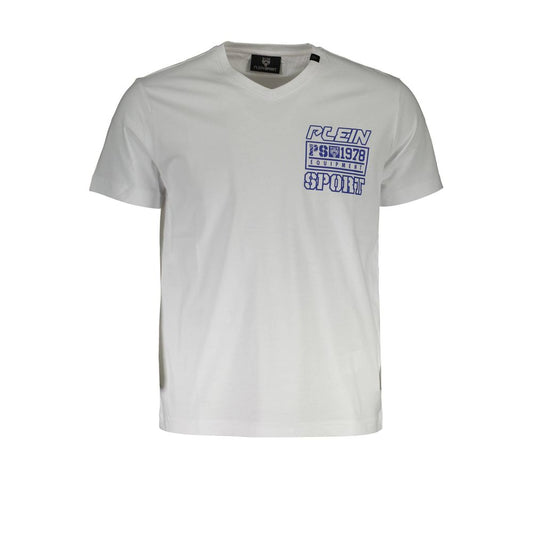 Plein Sport White Cotton Men T-Shirt with V-neck and unique print logo.
