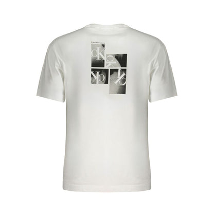 Calvin Klein White Cotton T-Shirt with crew neck, short sleeves, logo print, made from 95% regenerative cotton, back design view.