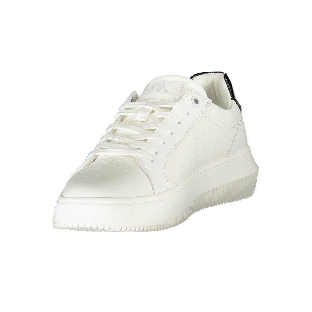 Calvin Klein White Leather Women Sneaker with black accents and removable footbed, featuring iconic logo for modern style-conscious trendsetters.