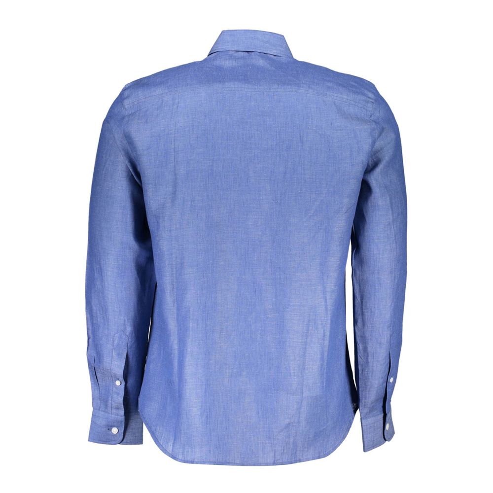Back view of North Sails Blue Linen Men Shirt with Italian collar and button cuffs, showcasing sophisticated style.