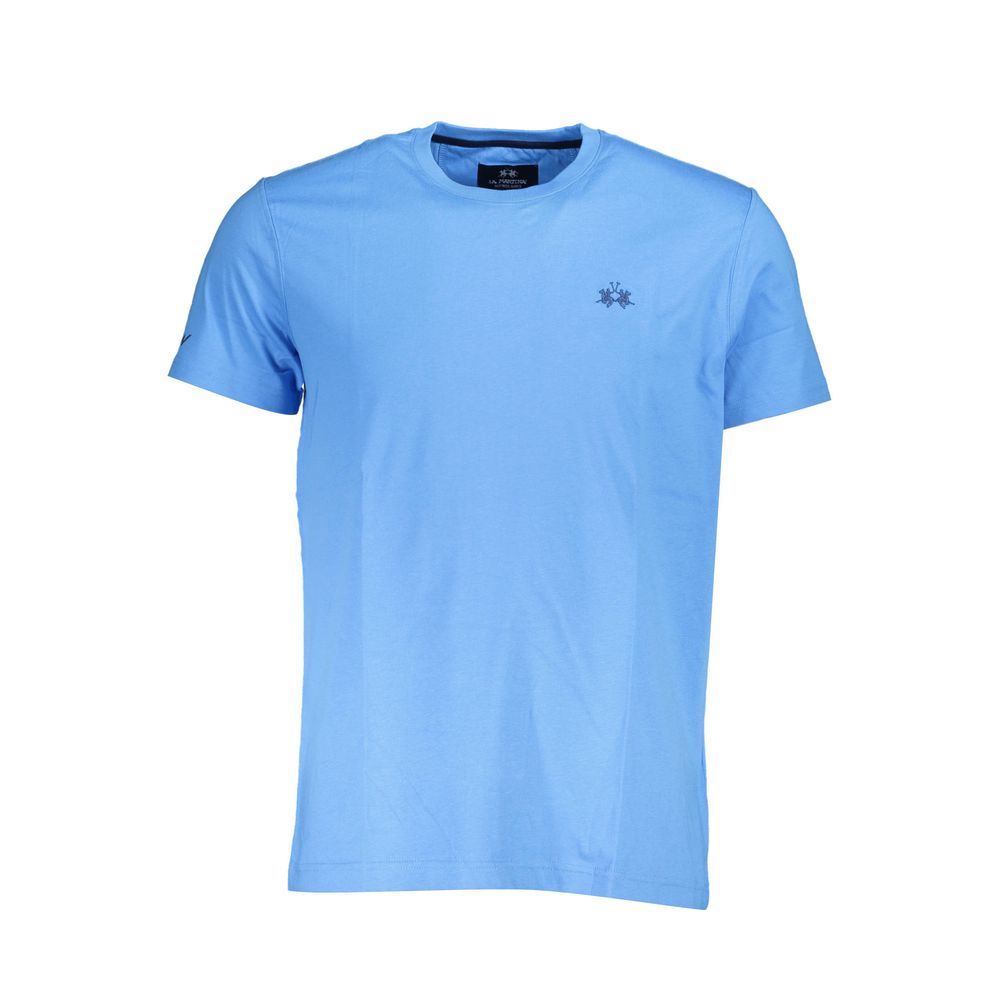 La Martina Blue Cotton Men T-Shirt with crew neck and logo embroidery, featuring short sleeves and regular fit design.