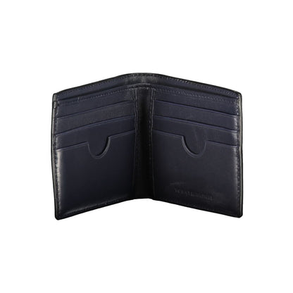 Tommy Hilfiger Black Leather Wallet with double card spaces and contrast details, open view showing interior slots.