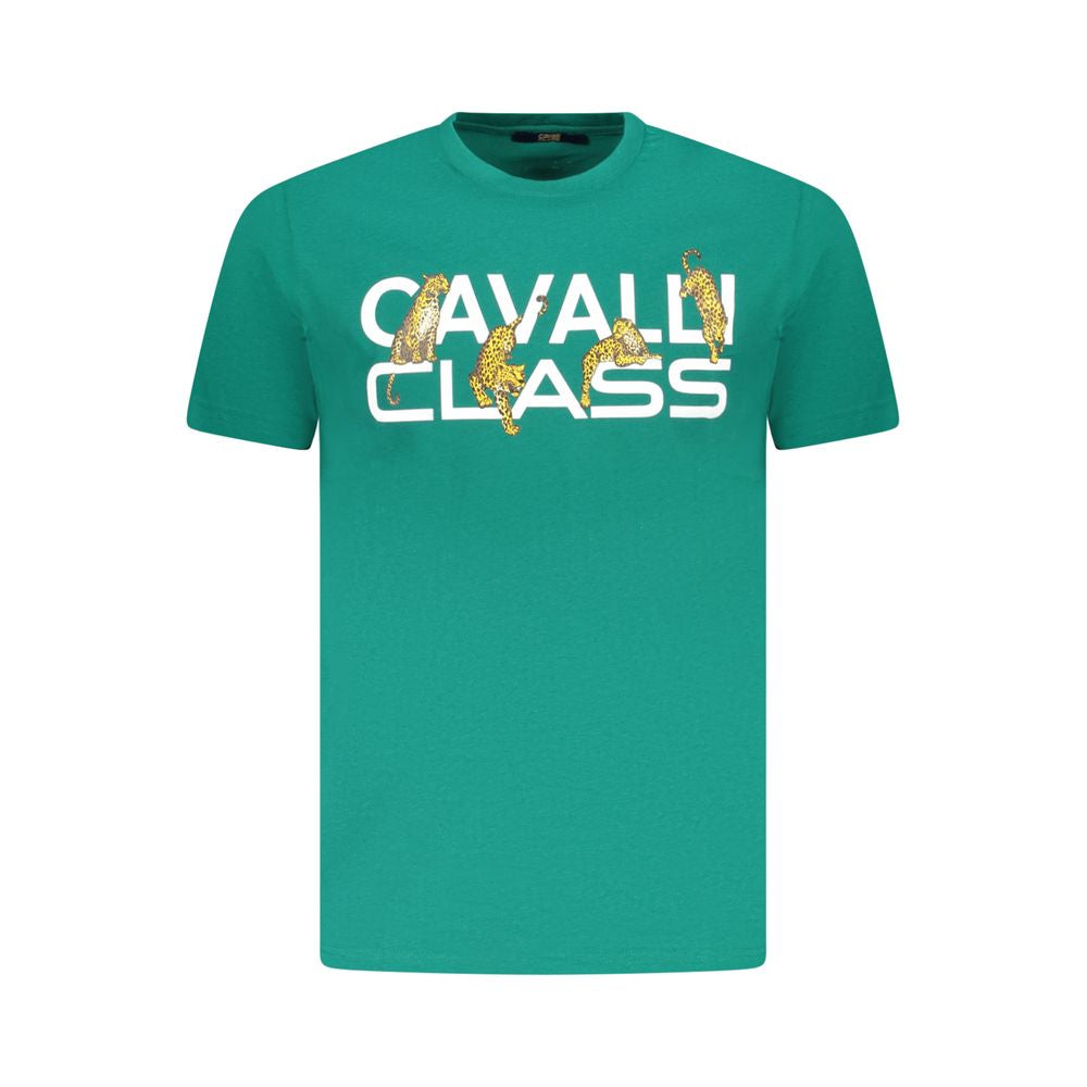 Cavalli Class Green Cotton Men T-Shirt with logo, short sleeve design, vibrant green. Perfect blend of luxury and style.