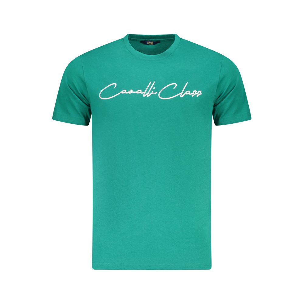 Cavalli Class Green Cotton Men T-Shirt with signature print and logo, short sleeve design, luxury crew neck, vibrant color fashion statement.