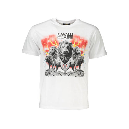 Cavalli Class White Cotton Men T-Shirt with lion graphic and logo on front, showcasing a bold design perfect for casual wear.