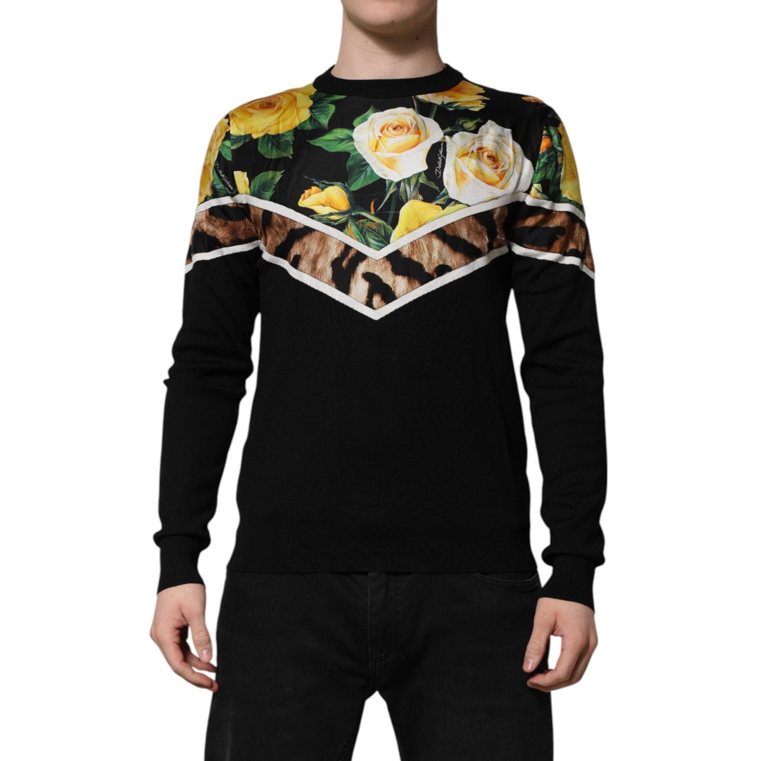Dolce & Gabbana Black Silk Floral Crew Neck Pullover Sweater