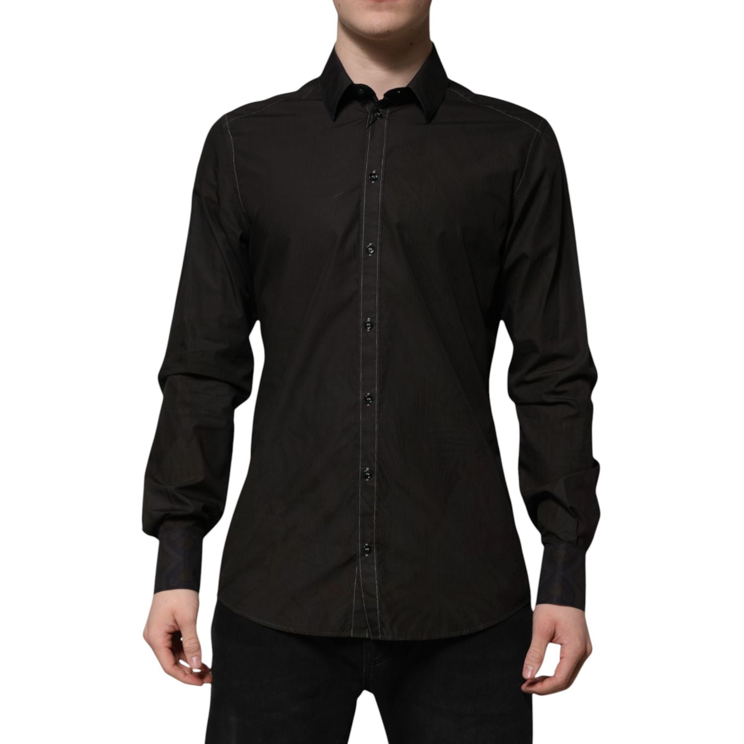 Dolce & Gabbana Black Cotton Jacquard GOLD Collar Dress Shirt