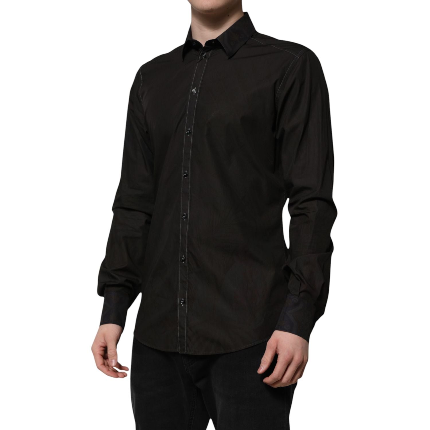 Dolce & Gabbana Black Cotton Jacquard GOLD Collar Dress Shirt