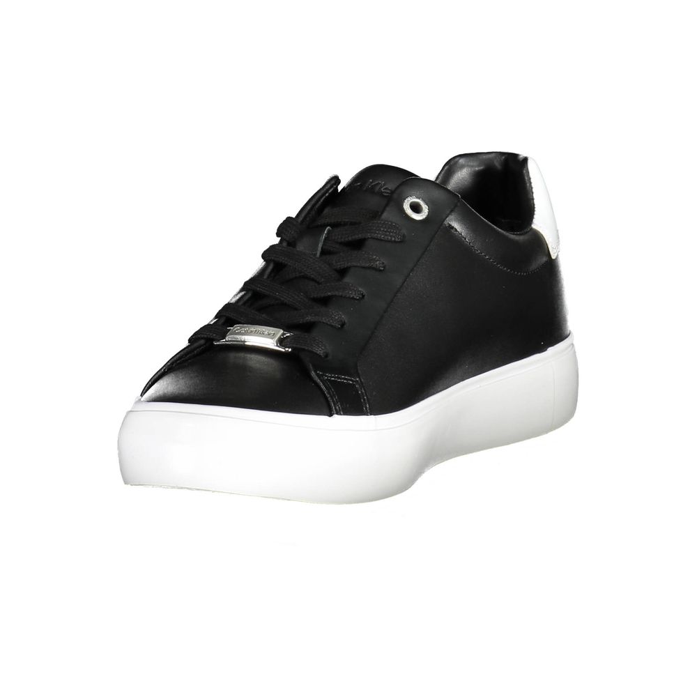 Calvin Klein Black Leather Women Sneaker with contrasting details and iconic logo, made from 50% recycled materials for eco-friendly fashion.