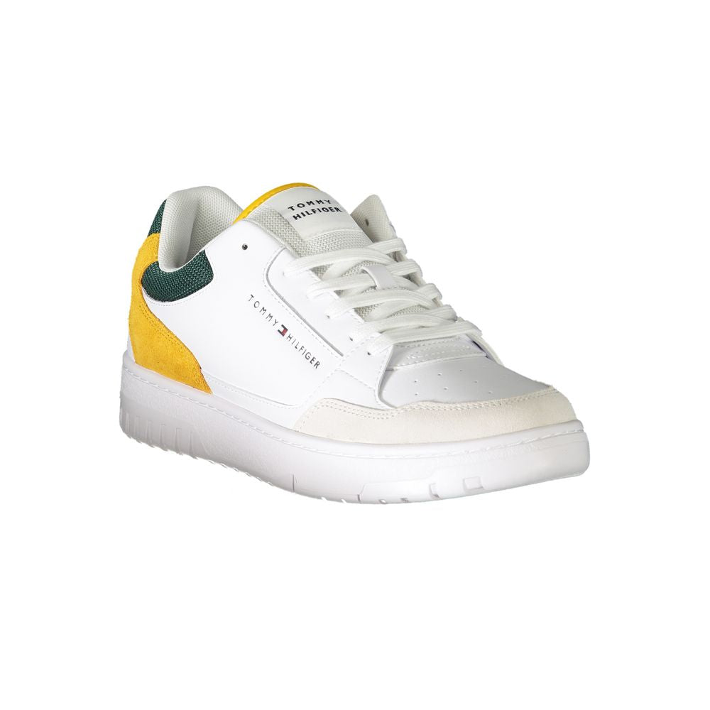 Tommy Hilfiger White Polyethylene Men Sneaker with green and mustard accents on white background.