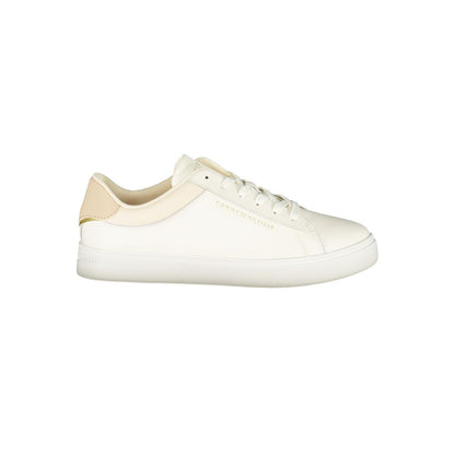 Tommy Hilfiger Beige Leather Women Sneaker with logo and contrasting details for a stylish look.