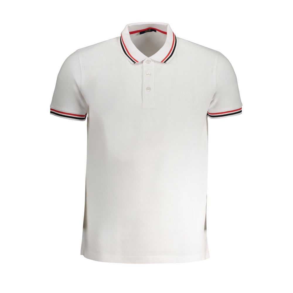 Cavalli Class White Cotton Polo Shirt with short sleeves, 3 buttons, contrast details, and embroidery logo.