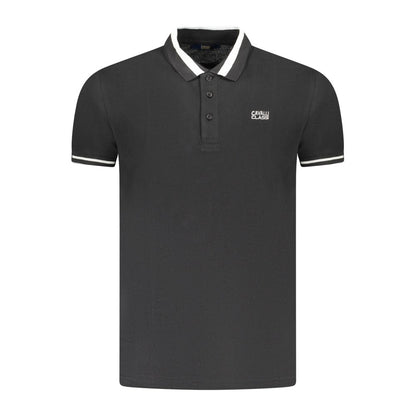 Cavalli Class Black Cotton Men Polo Shirt with embroidered logo and contrast buttons, luxury menswear, short sleeves, premium cotton