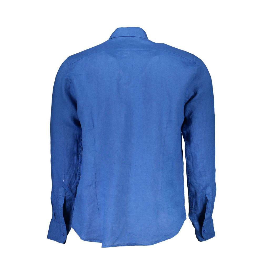 La Martina Blue Linen Men Shirt with French collar and embroidered logo