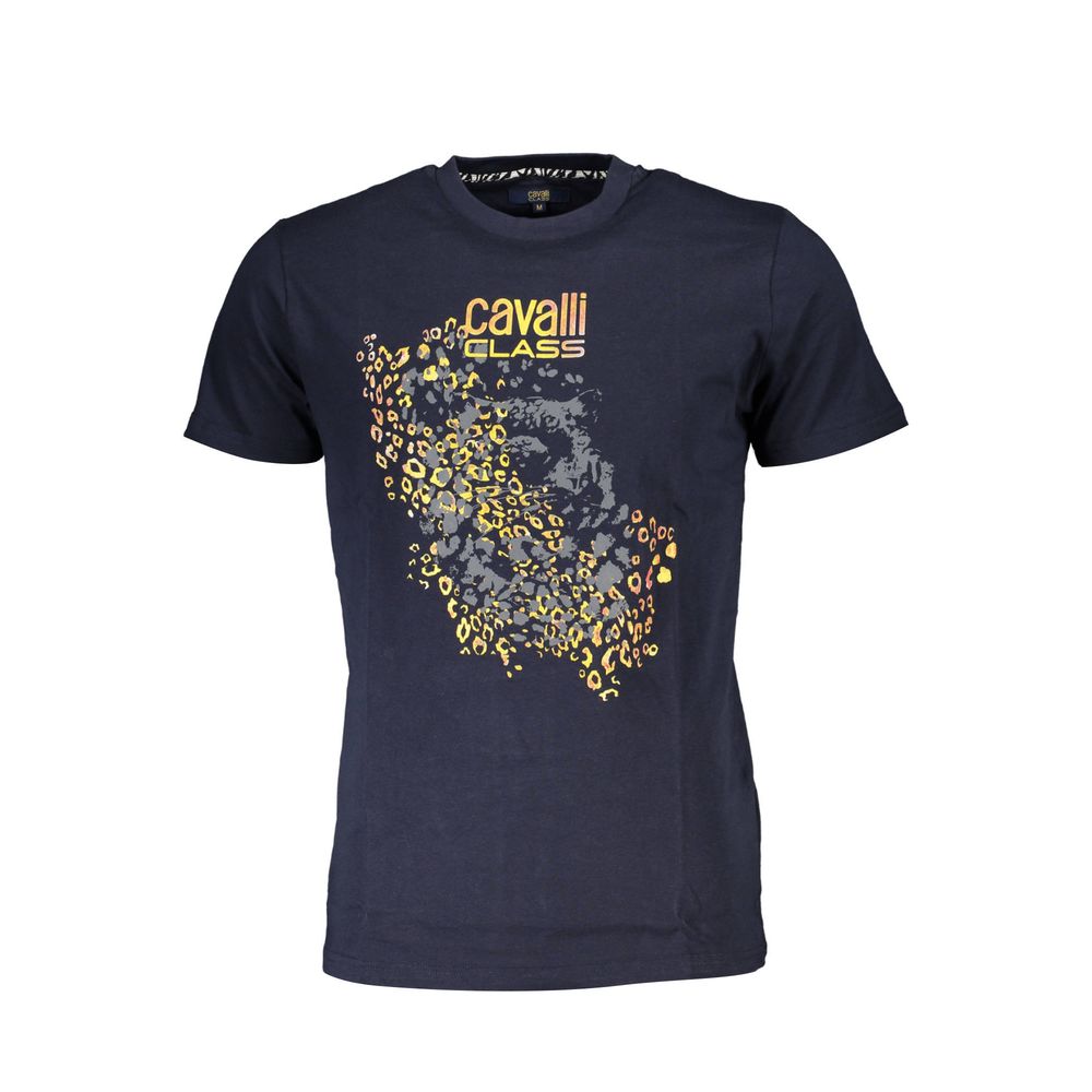 Cavalli Class Blue Cotton Men T-Shirt with bold print and logo, crew neck, premium cotton, short sleeves, stylish and comfortable.