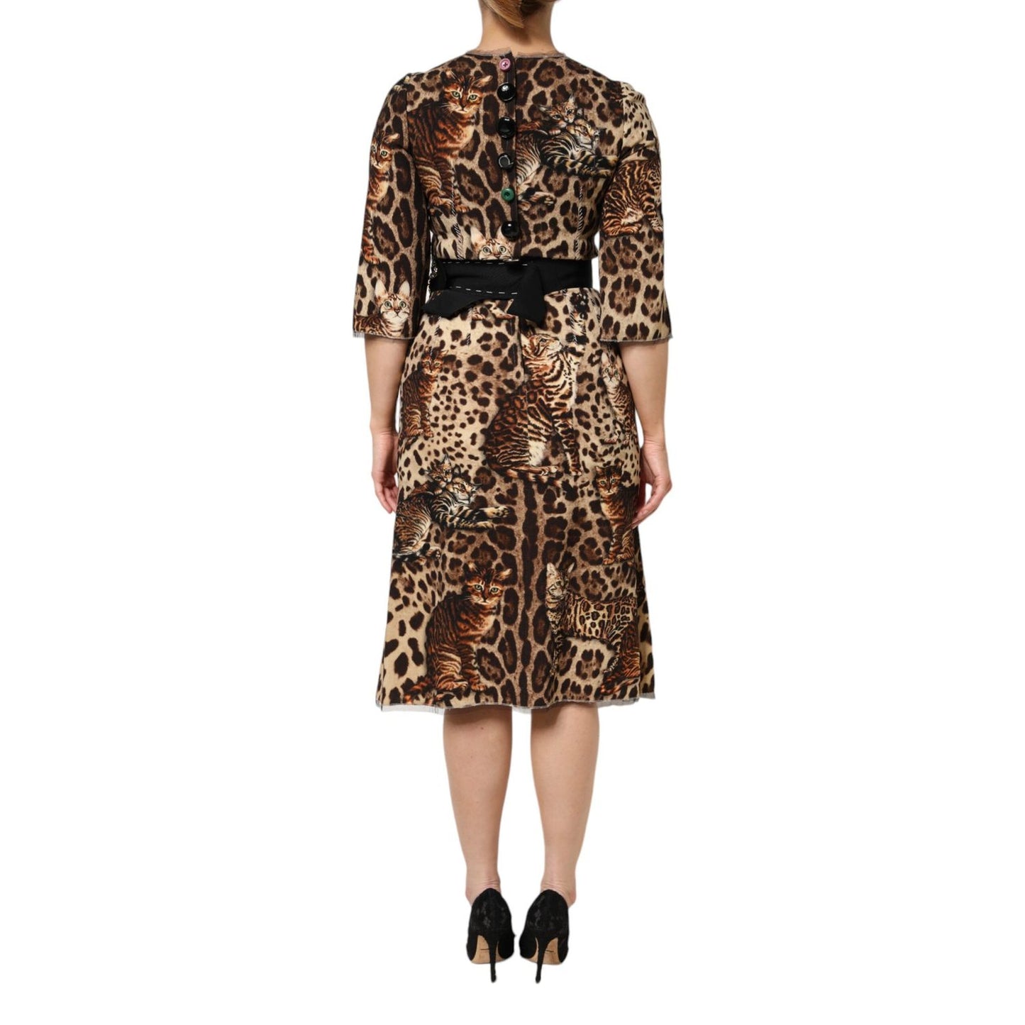 Dolce & Gabbana Brown Leopard Print Belted A-line Midi Dress