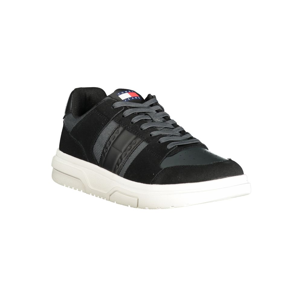 Tommy Hilfiger Black Leather Men Sneaker with smoke accents and removable footbed for urban style