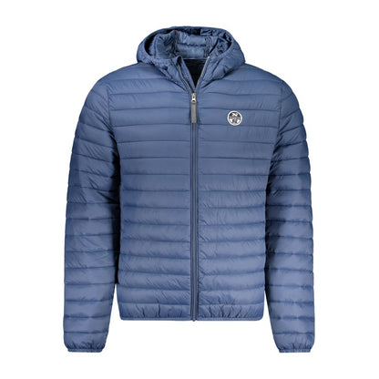 North Sails Blue Polyamide Men Jacket with hood, lightweight design, featuring zip front and logo on chest.