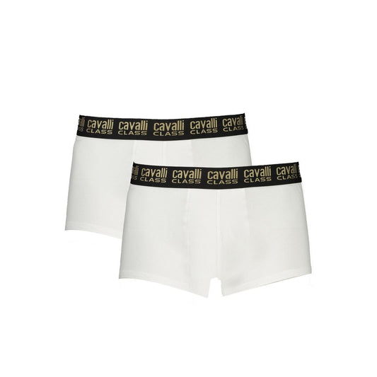 Cavalli Class White Cotton Men Boxer Pair with logo waistband, showcasing luxury and comfort in a plush cotton-elastane blend.