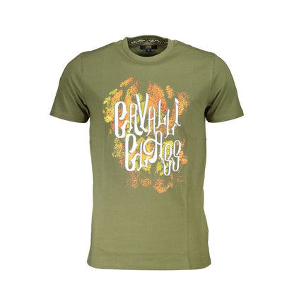 Cavalli Class Green Cotton Men T-Shirt with bold print and logo on front, short sleeve, crew neck, stylish and comfortable.