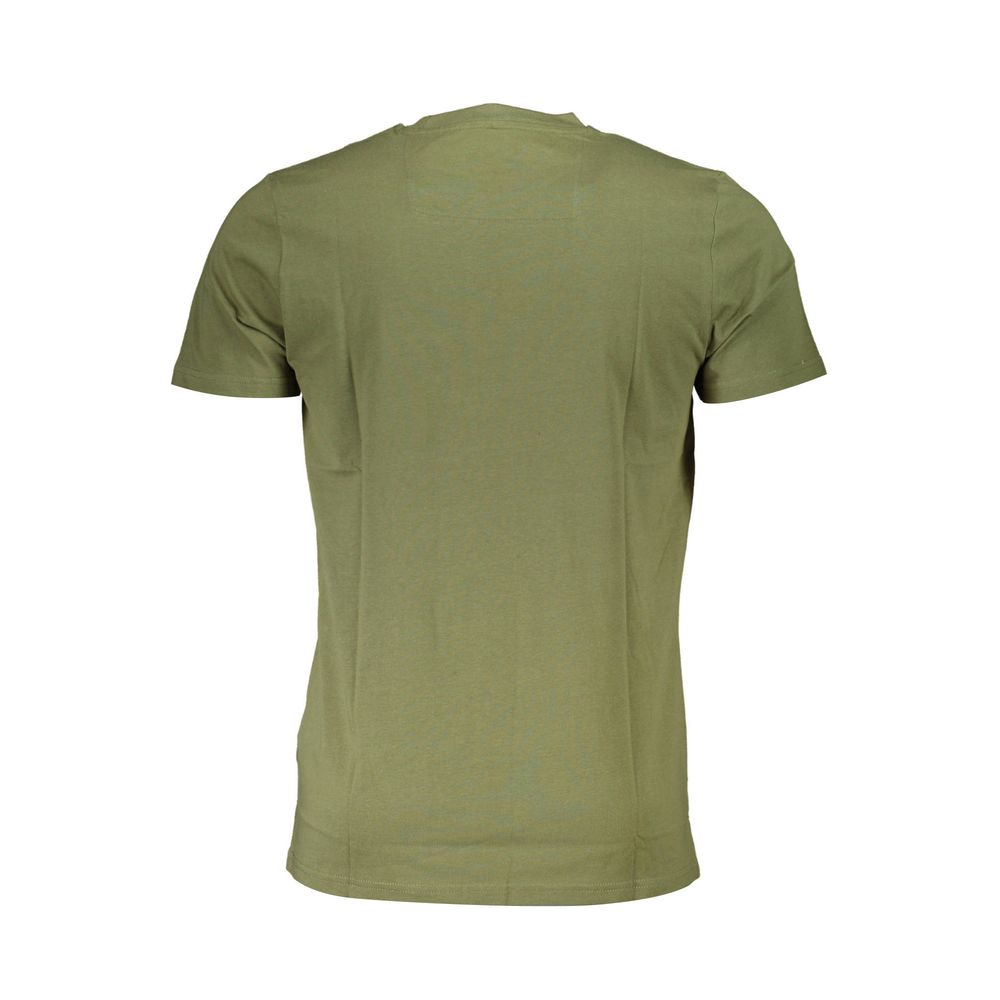 Back view of Cavalli Class Green Cotton Men T-Shirt showcasing plain green color and short sleeves.