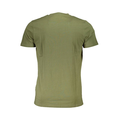 Back view of Cavalli Class Green Cotton Men T-Shirt showcasing plain green color and short sleeves.