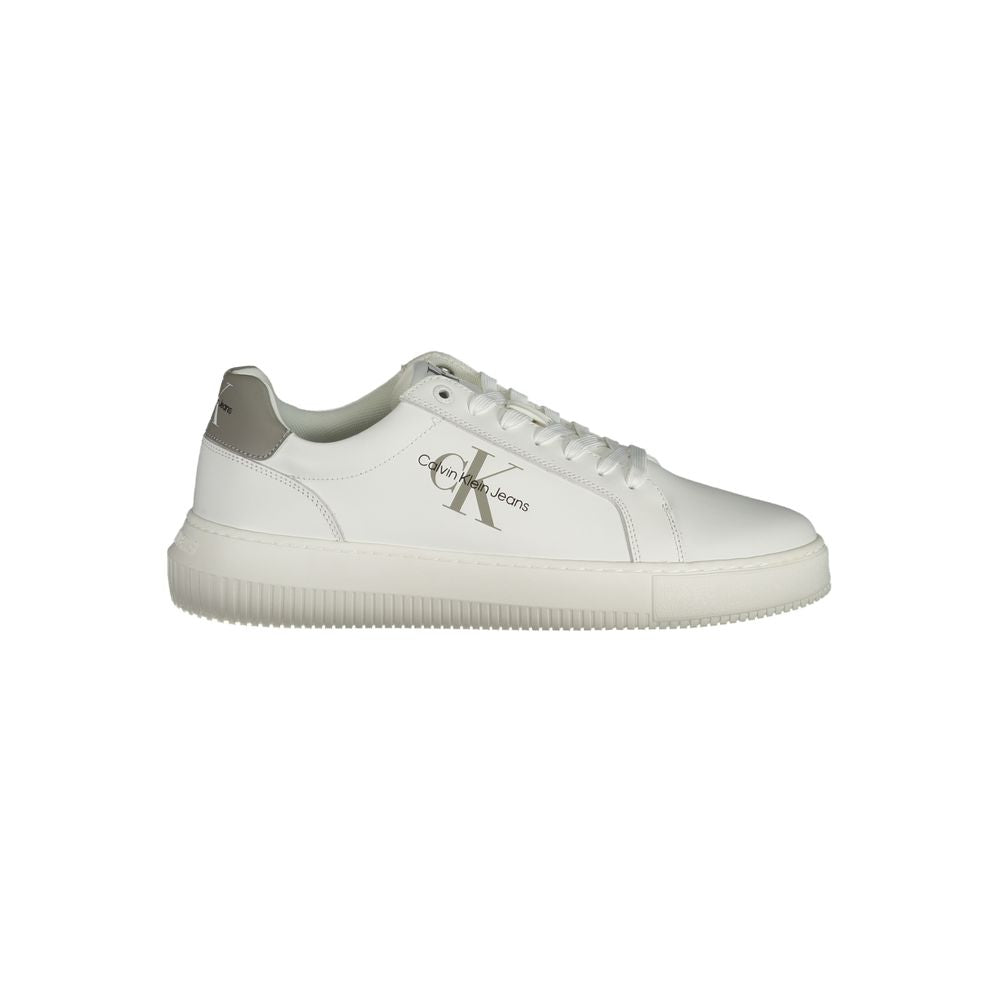 Calvin Klein White Leather Men Sneaker with recycled rubber sole and grey accents, showcasing sleek urban style and sustainability.
