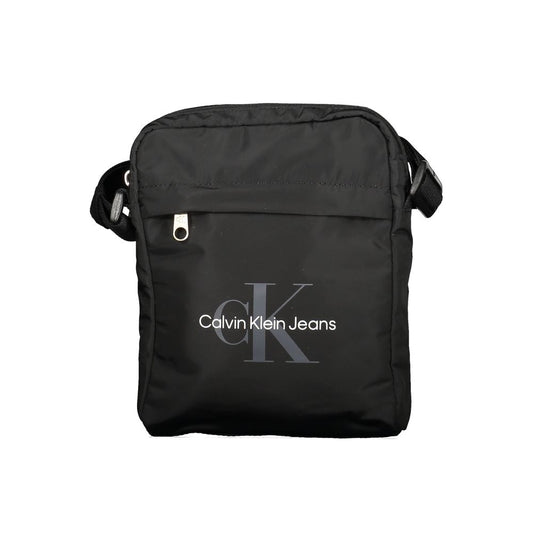 Calvin Klein Black Polyester Men Shoulder Bag with logo and adjustable strap, made from 95% recycled materials, stylish and functional.