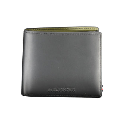 Tommy Hilfiger Black Leather Wallet with logo, 2 compartments, coin purse, and card slots, featuring contrast details.